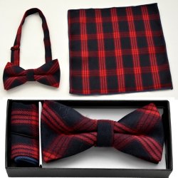 BO-BTCH002 Black and red plaid print bow tie with matching handk
