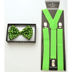 Green Bow tie with skull and spider print and green suspenders
