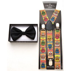 Black Bow tie and Dia del Los Muertos print skull suspenders.