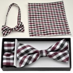 BO-BTCH001 Black, burgundy and white plaid print bow tie with ma