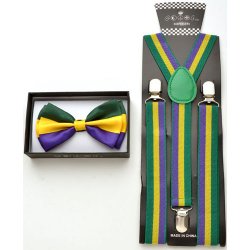 Bow tie and suspenders with Mardi Gras colors .