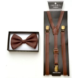 Brown hemp Bow tie and brown leather suspenders.