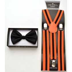 Black Bow tie and black suspenders with orange stripes.
