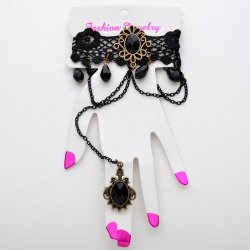 LWB-01 Black Lace wristband with black plastic gemstones