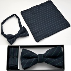 BO-BTCH005 Navy blue and green striped print bow tie with matchi