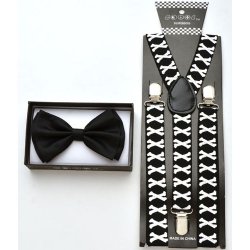 Black Bow tie and black suspenders with cross bones print.