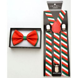 Red/Green Bow tie and red, white, green striped suspenders.