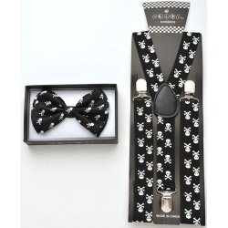 Black Bow tie and black suspenders with white skull prints.