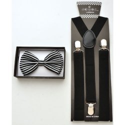 Black Bow tie with white stripes and black suspenders .