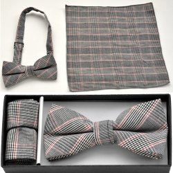 BO-BTCH009 Black, white and red plaid print bow tie with matchin
