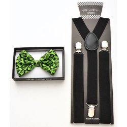 Green Bow tie with skull and spider print and black suspenders