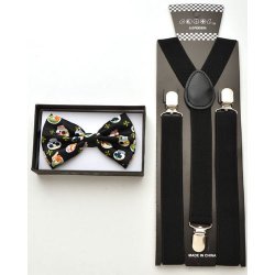 Black Bow tie with multi hued skulls and black suspenders .