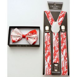White Bow tie and white suspenders with blood spatter print .