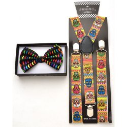 Multi hue mustache print Bow tie and Dia del Los Muertos print