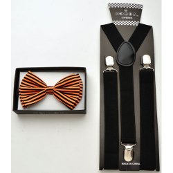 Black Bow tie with orange stripes and black suspenders .