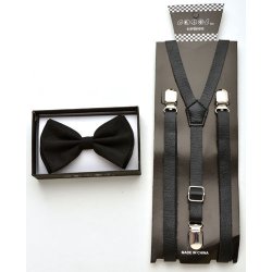 Black hemp Bow tie and black leather suspenders.