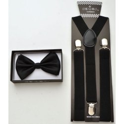Black Bow tie and black suspenders .