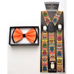 Orange/Black Bow tie and Dia del Los Muertos print skull suspe