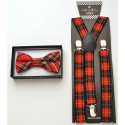 Red plaid Bow tie and red plaid suspenders.