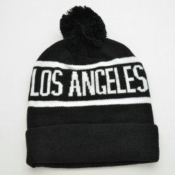 BN-011 Black beanie with "Los Angeles" in white with black pom