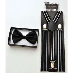 SPBOT-124-Black Bow tie and black suspenders with white stripes.