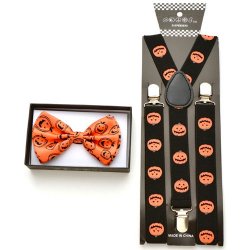 Orange Bow tie with jack o lantern print and black suspenders