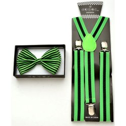 Black Bow tie with green stripes and black suspenders with gre