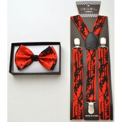 Black Bow tie and Black suspenders with blood spatter print .