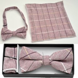 BO-BTCH006 Burgundy, tan and white plaid print bow tie with matc