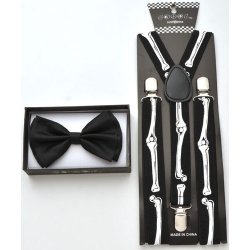 Black Bow tie and black suspenders with bones print.
