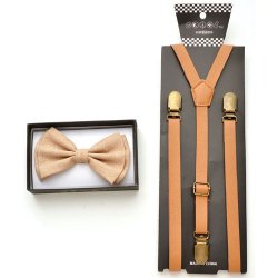 Light Brown hemp Bow tie and light brown leather suspenders.