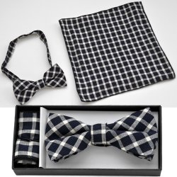 BO-BTCH003 Black and white plaid print bow tie with matching han