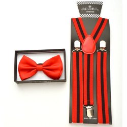 Red Bow tie and red suspenders with black stripes.