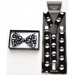 Black Bow tie with white skull prints and black suspenders wit