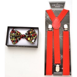 Black Bow tie with multi hue skull print and black suspenders .