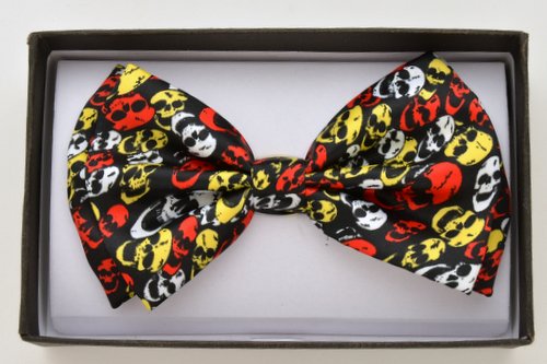 BOT-028B Black bowtie with red, yellow and white skull print. - Click Image to Close
