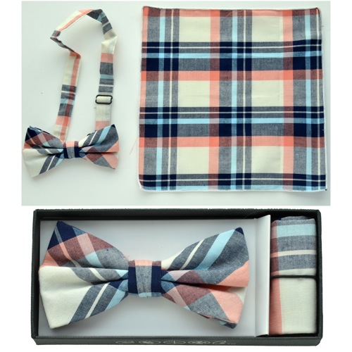 BTCH011 Plaid print bow tie with handkerchief - Click Image to Close