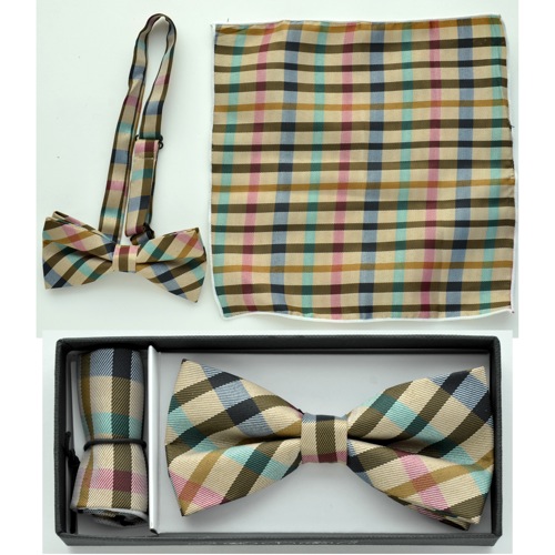 BTCH617 Plaid print bow tie with handkerchief - Click Image to Close