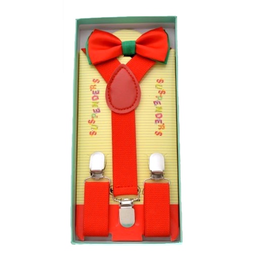 KBS-R&G Red with Green Kid's Bowtie and red suspender set. - Click Image to Close