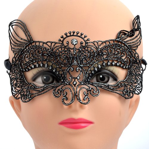 LaceMask-4 Black lace mask with silver thread detail - Click Image to Close