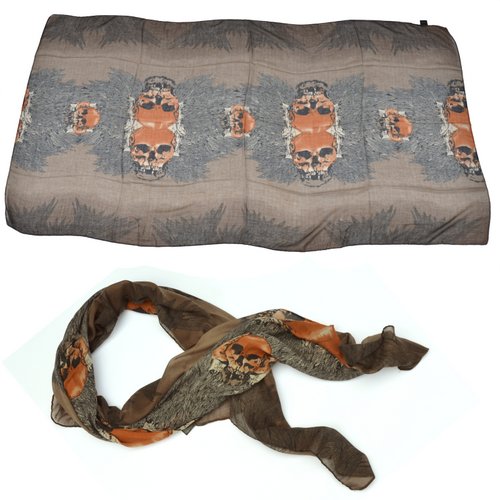 SCF-602 Dark brown scarf with orange skull designs - Click Image to Close