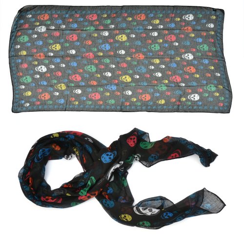 SCF-603 Black scarf with multi color skull designs - Click Image to Close