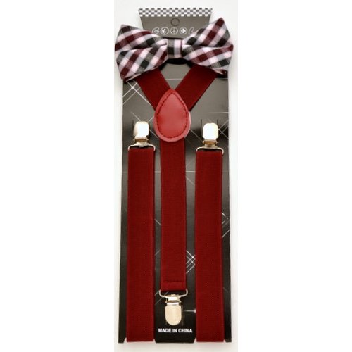 ADBS-015 Tan Plaid Bow Tie with Burgundy suspenders - Click Image to Close
