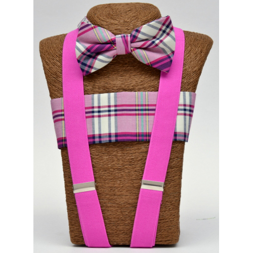 B-BOT-SUS Pink Plaid Bow tie – Pink Suspender set - Click Image to Close