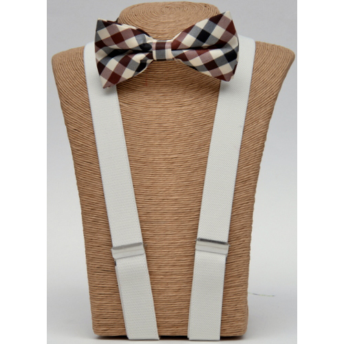 E-BOT-SUS Plaid Bow tie – cream Suspender set - Click Image to Close