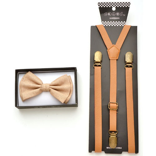 Light Brown hemp Bow tie and light brown leather suspenders. - Click Image to Close