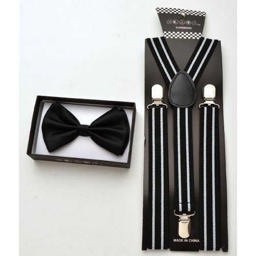 SPBOT-124-Black Bow tie and black suspenders with white stripes. - Click Image to Close