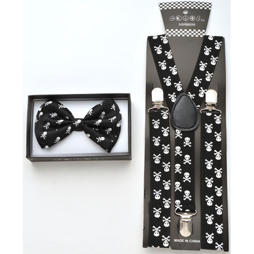 Black Bow tie and black suspenders with white skull prints. - Click Image to Close