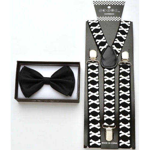 Black Bow tie and black suspenders with cross bones print. - Click Image to Close