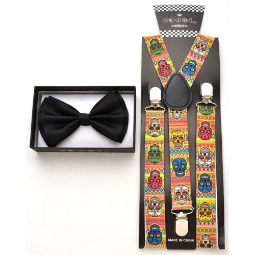 Black Bow tie and Dia del Los Muertos print skull suspenders. - Click Image to Close